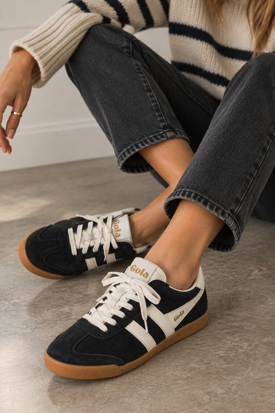 Gola Elan Sneakers 8.5 Black White Suede Gum Sole Retro Trainers NWOB